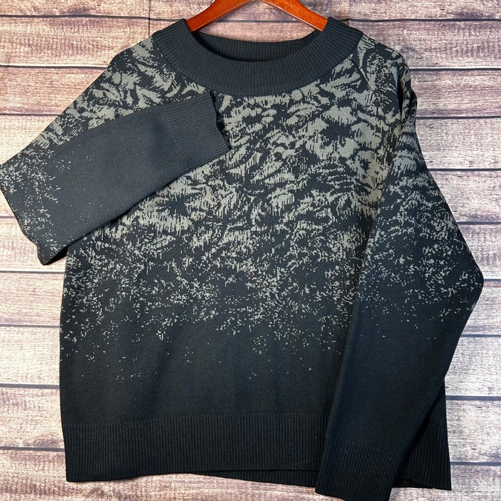 Athleta Womens XL Black Grey Abstract Merino Wool Blend Jacquard Knit Sweater